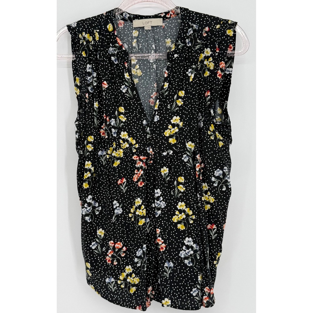 LOFT Womens Black Floral Polka Dot Rayon V-Neck Sleeveless Blouse Top Sz M